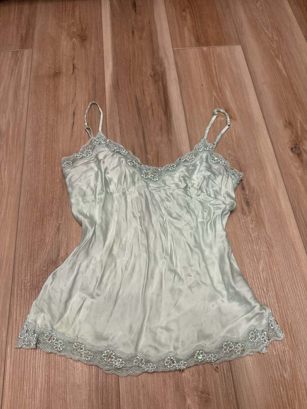 Ninety 100% Silk Mint Green Lace Trim Cami Tank Top Size S